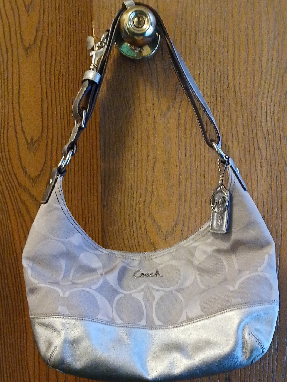 Coach Silver Signature Canvas Hobo with Silver Leather Trim